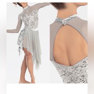 Revolution dancewear XL adult Asymmetrical Silver Dress with Lace Accents